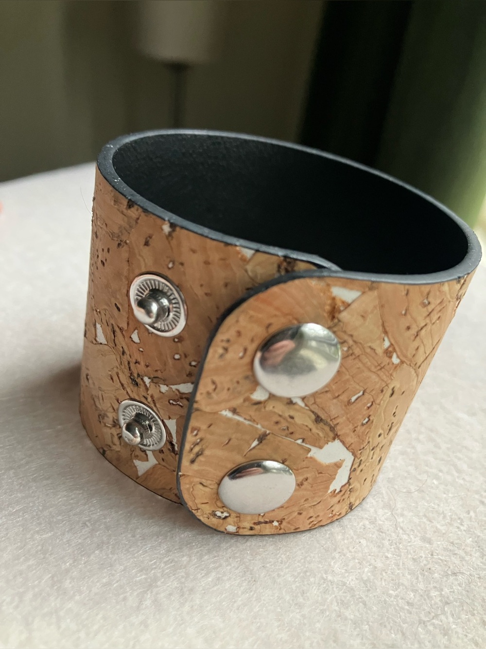 Cork over white leather snap bracelet